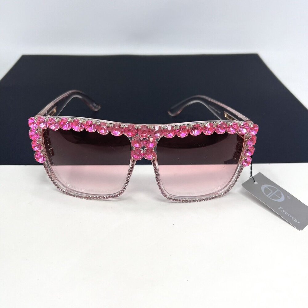 Oversized Retro Shield SUN GLASSES Pink Frame Lens & Large Rhinestones